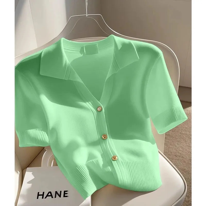 Cardigan à manches courtes pour femme, T-shirt tricoté, décontracté, assorti avec tout, ample, nouvelle collection été 2025