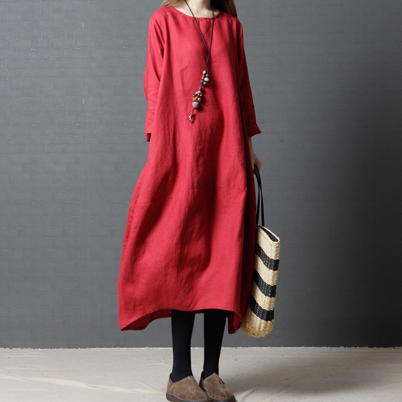 Robes pour femmes 2026 Nouvelle collection Printemps-Automne, amples, col rond, en coton et lin, manches longues, vêtements pour femmes, vestidoes