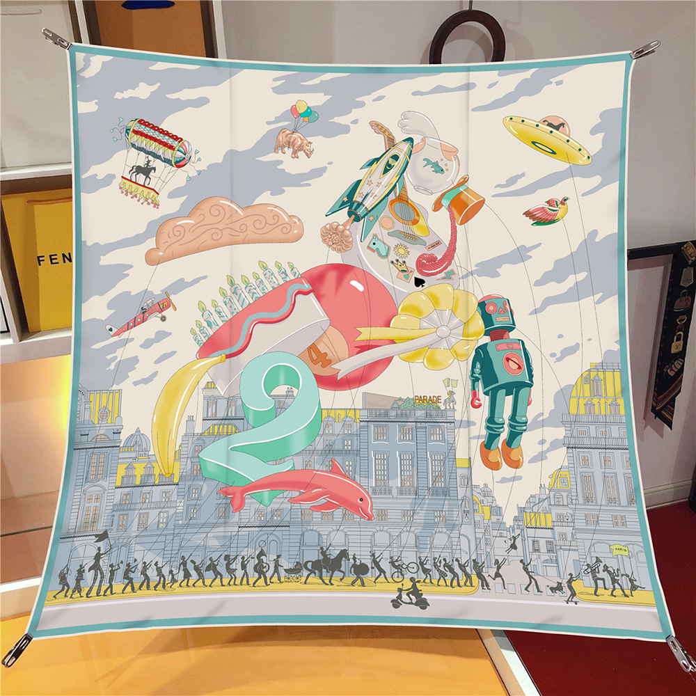 Foulard en soie sergé châle marque de luxe Fubao City Architecture Foulard carré femmes Hijabs Bandana Foulard foulard foulards
