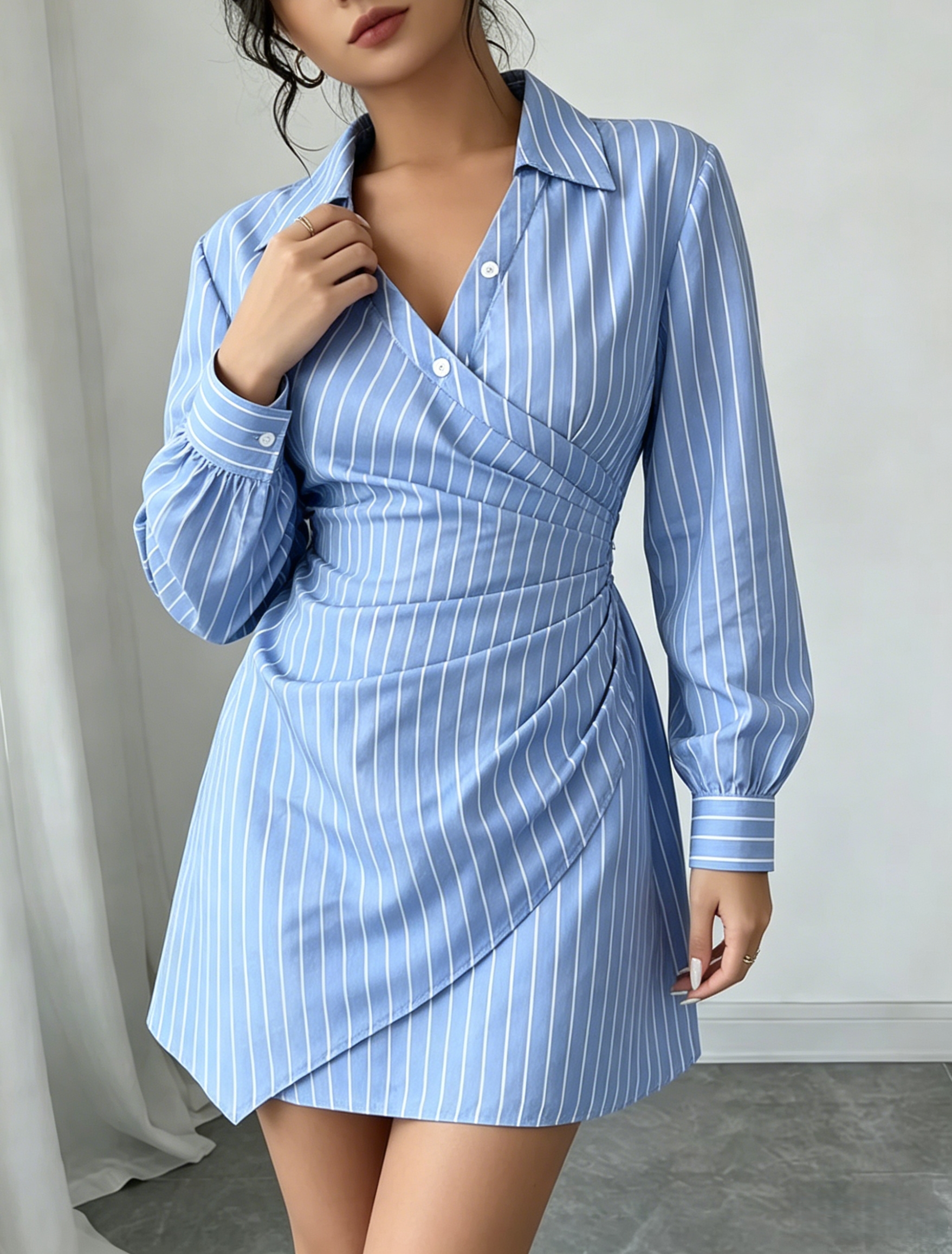 Robe Mini Chic Rayée à Col V et Fronces pour Femme – Nouvelle Collection Printemps-Été – Style Preppy Idéale pour le Bureau, les Rendez-vous et les Tenues Habillées
