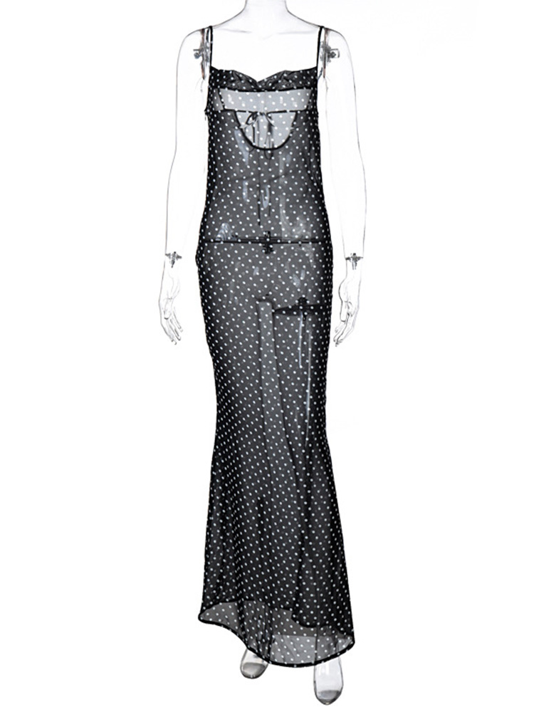 Robe maxi transparente en maille pour femme, bandage zippé, point imprimé, sexy, fête, club, tout, automne, hiver