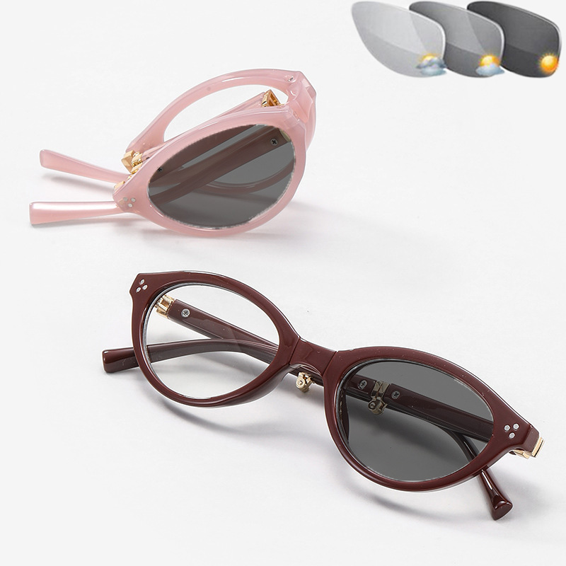 Lunettes de myopie photochromiques pliables à monture ovale pour femmes, portables, ultralégères, anti-lumière bleue, à changement de couleur, pour la vue de près