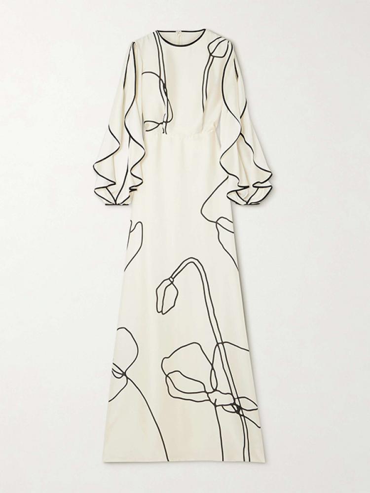 Bonboho-Robe de soirée élégante à imprimé floral pour femme, longueur au sol, col rond, manches à volants, taille haute, robes plissées