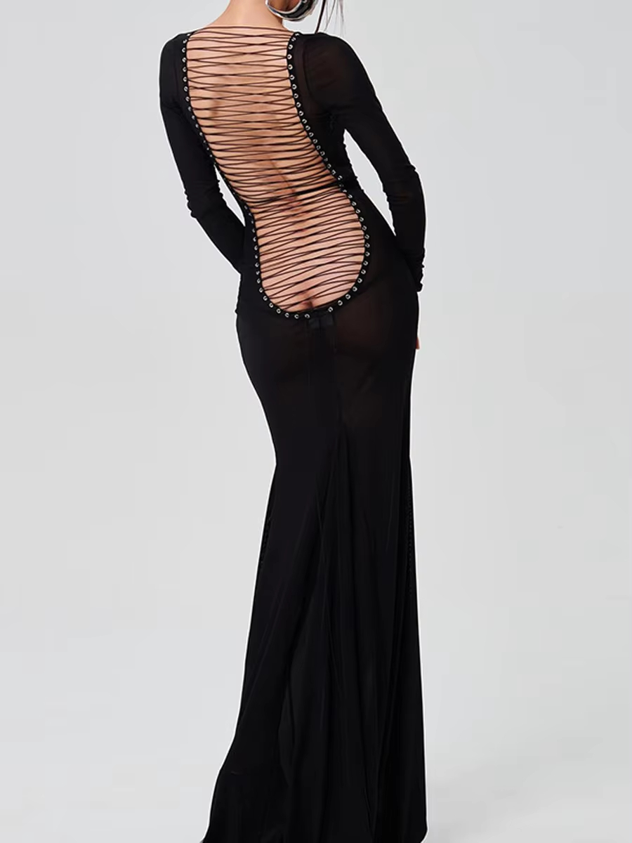 Robe noire en dentelle transparente à manches longues pour femmes, robe de soirée Sexy, longueur au sol, Slim, robes de soirée, de boîte de nuit, robe de noël rouge