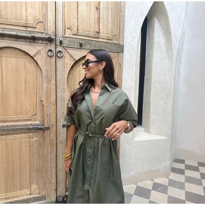 Robe décontractée à lacets pour femmes, simple boutonnage, col rabattu, manches courtes, robes pour dames, printemps été, ample, 2025