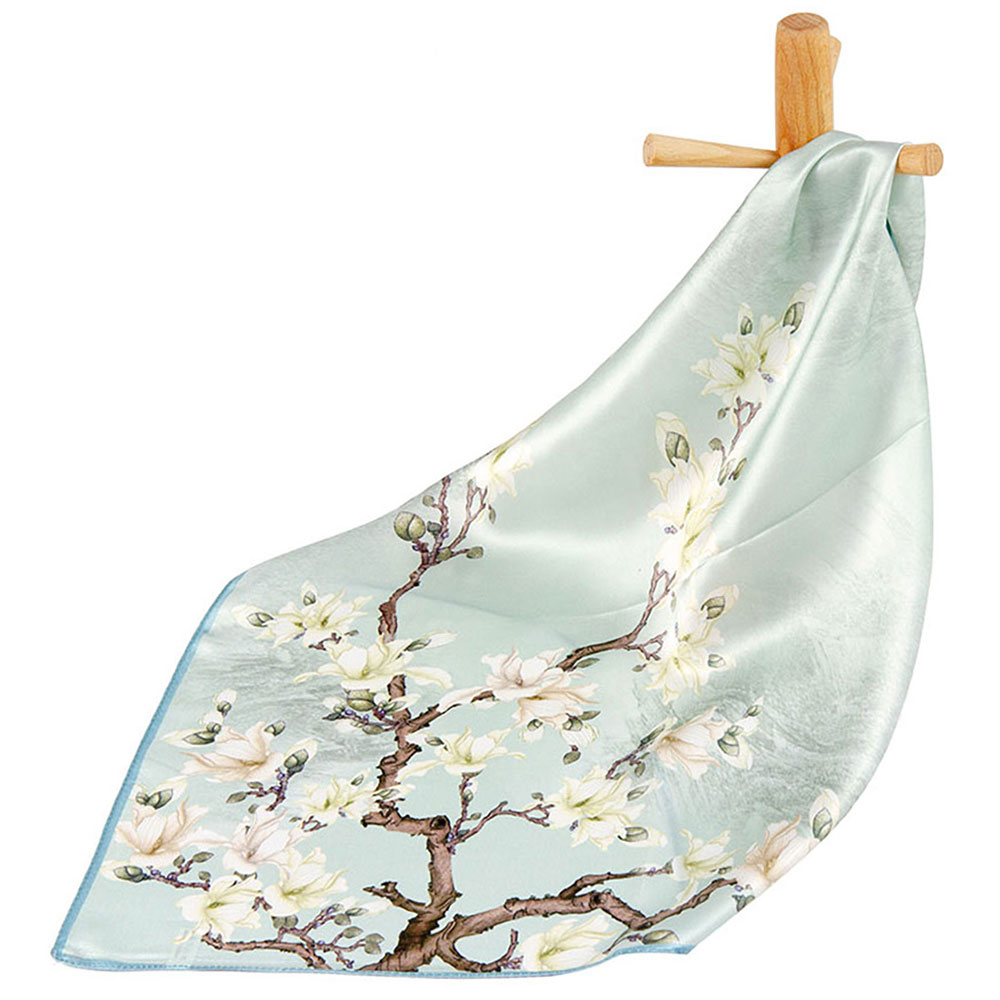Foulard carré en soie naturelle premium 53 cm pour femme, imprimé fleur de magnolia et encre chinoise vert céladon, bandana, foulard de tête, écharpe de cou, écharpe pour femme