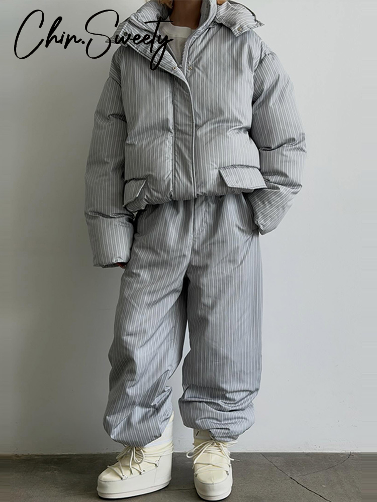 Ensemble décontracté rayé pour femme : Manteau et pantalon en coton, à capuche, avec fermetures éclair, épais, collection automne-hiver 2026, tenues féminines tendance