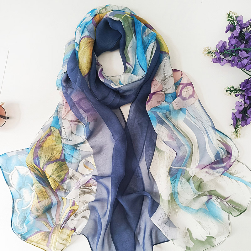 Foulard femme Bandana élégant dégradé couleur arbre de vie fleur mousseline Georgette écharpe Long châle été multicolore