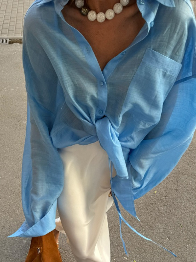 Chemisier ample bleu tendance 2026 pour femme, chemise élégante à revers et manches longues, hauts classiques unis, vêtements féminins