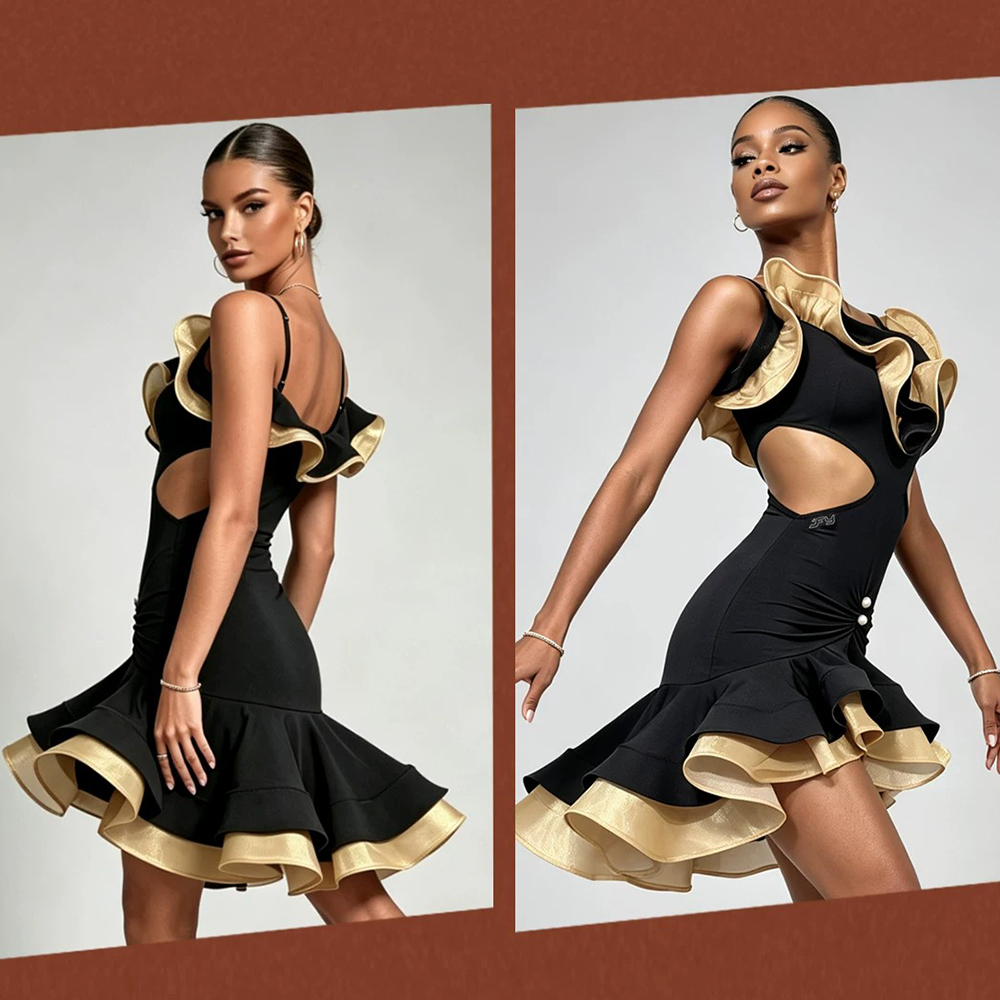 Nouvelle Robe de Danse Latine 2026 pour Femme, Volants et Découpes, Costume de Compétition Cha Samba Rumba, Tenue de Compétition Salsa Sans Manches