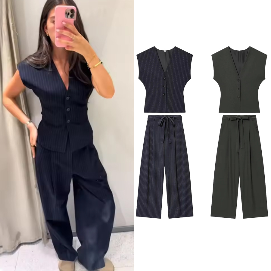 Ensemble 2 pièces mode femme : Gilet sans manches col en V à rayures fines et pantalon plissé ample d'été avec poches et ceinture zippée