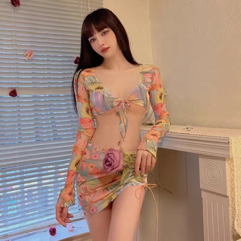 Bikini Sexy pour fille, col en v, poitrine attachée avec maille florale, T-shirt Ultra-fin + pantalon triangulaire, jupe enveloppée dans les fesses, vacances à la plage