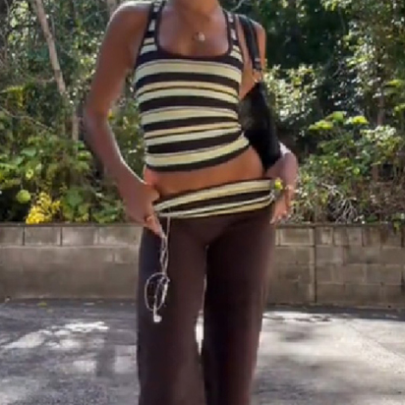 Ensemble deux pièces pour femme, débardeur court côtelé rayé marron, pantalon évasé taille basse, style Y2K, sans manches, pantalon large assorti