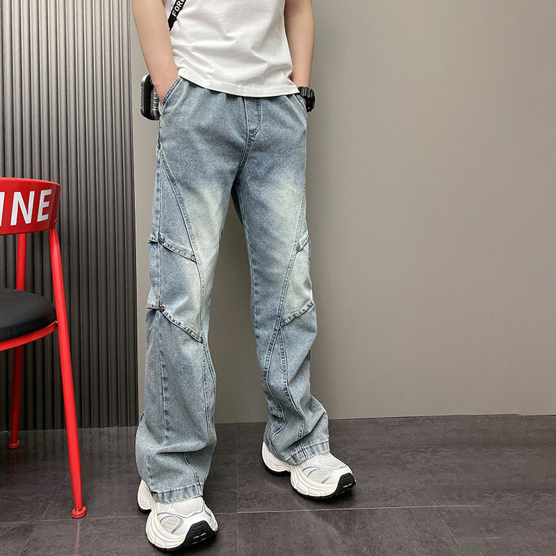 Pantalon ample coréen Haren à jambe droite, bleu, décontracté, avec cordon de serrage, taille élastique, jean tendance pour homme