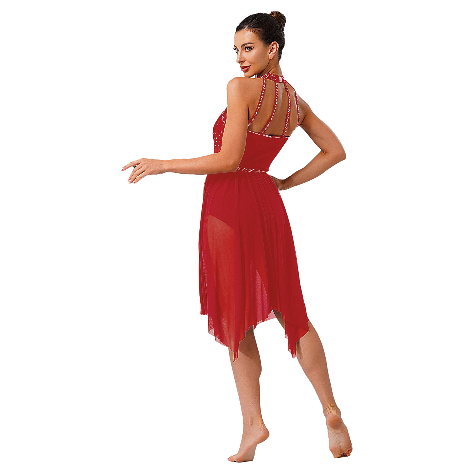 Robe de danse lyrique pour femmes, col licou, strass scintillants, Patchwork, maille irrégulière, ourlet à volants, pour compétition de cours de danse
