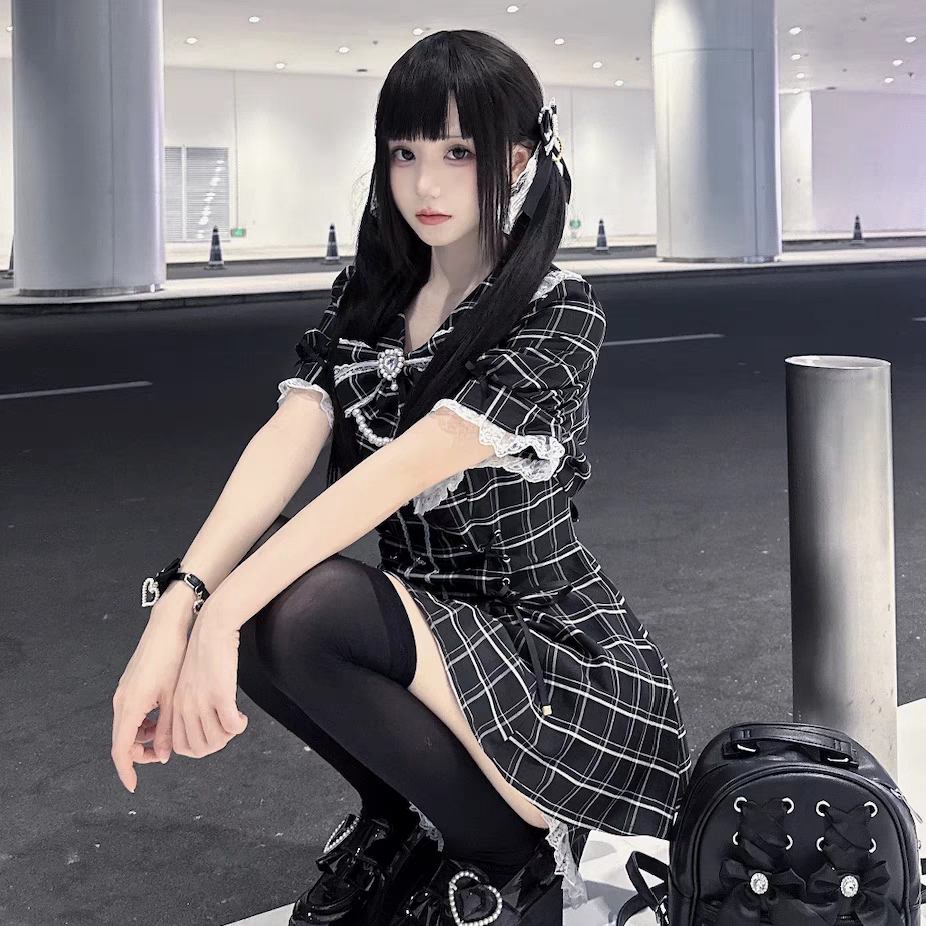 Kawaii – ensemble jupe à carreaux à manches courtes pour femmes, robe esthétique Y2k, coupe cintrée, taille haute, à carreaux gris, Chic, Style collège, tenues 2 pièces