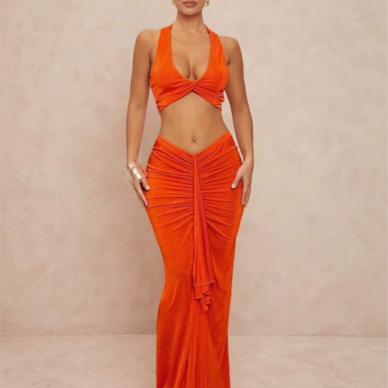 Ensemble deux pièces pour femme, tenue fendue, Slim, couleur unie, écharpe plissée, ensembles assortis, vêtements de plage Sexy, jupes de vacances, gilet, nouvelle collection