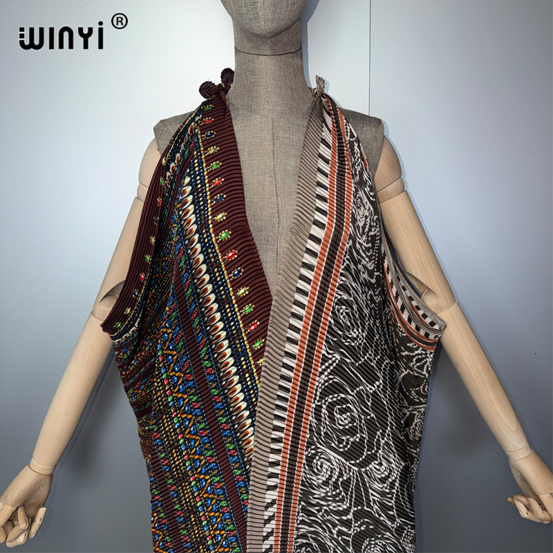 WINYI Cardigan plissé à franges pour femmes, imprimé bohème, robe de plage, caftan, vêtement de plage de luxe, abaya Dubaï