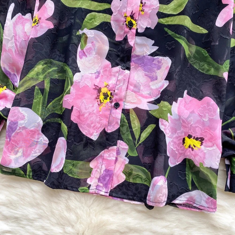 Chemisier Vintage Élégant à Manches Lanternes pour Femme, Chemise à Col Polo Décontractée, Chic, Haut Dégradé, Été