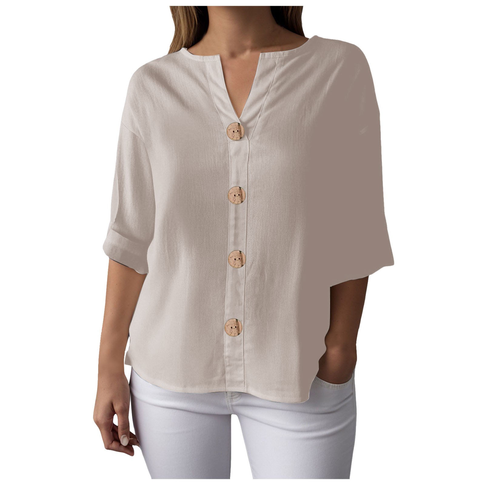 Chemisier en mousseline pour femme, chemisier d'été en coton et lin, chemise longue élégante unie, t-shirt pour adolescentes, chemisiers et blouses à manches 3/4 pour femme
