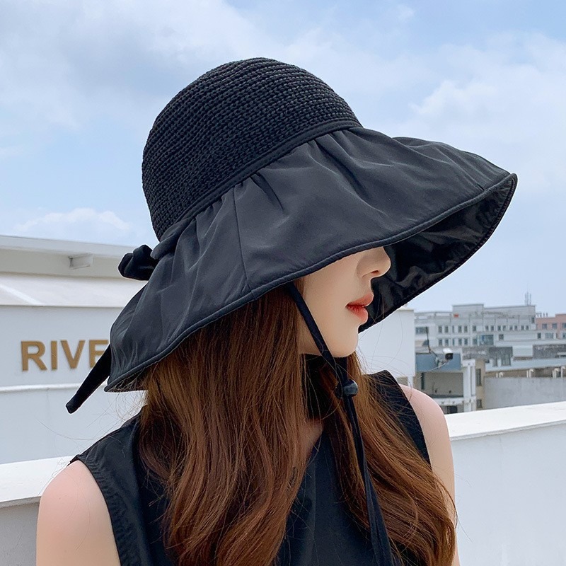 Chapeau de soleil d'été pour femme à large bord, protection UV, doublure occultante, visière à nœud papillon, chapeau de plage à large bord pour femme, pêche en extérieur