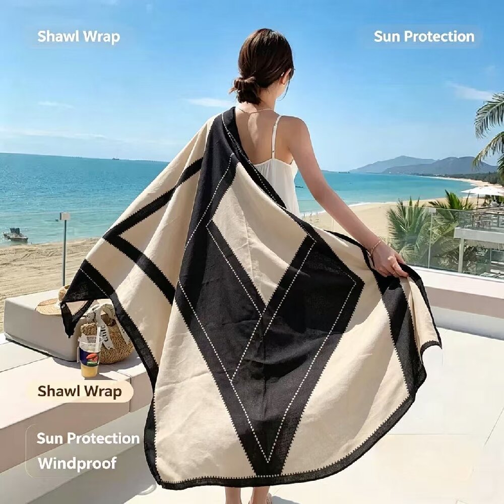 Écharpe à imprimé géométrique de grande taille 180×75, légère, coupe-vent, châle, protection solaire, couverture de plage, écharpes pour les voyages et les tenues quotidiennes.