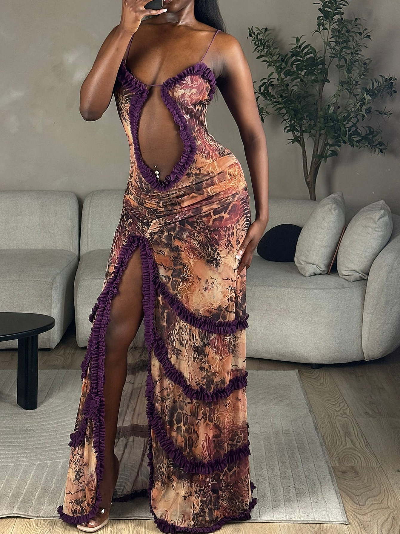 Robe sexy pour femmes, ligne creuse, fente haute, robe fendue en dentelle plissée