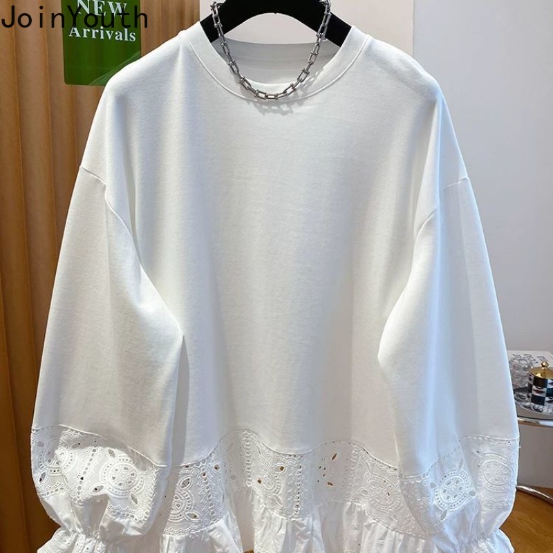 T-shirts surdimensionnés vêtements pour femmes Patchwork dentelle à manches longues t-shirts col rond décontracté Camisetas mode T-shirt blanc 2025 Ropa Mujer