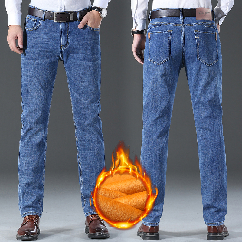 Jean pour homme de marque, chaud, automne-hiver, coupe droite ample, décontracté, en denim épais doublé polaire, taille élastique, pantalon long