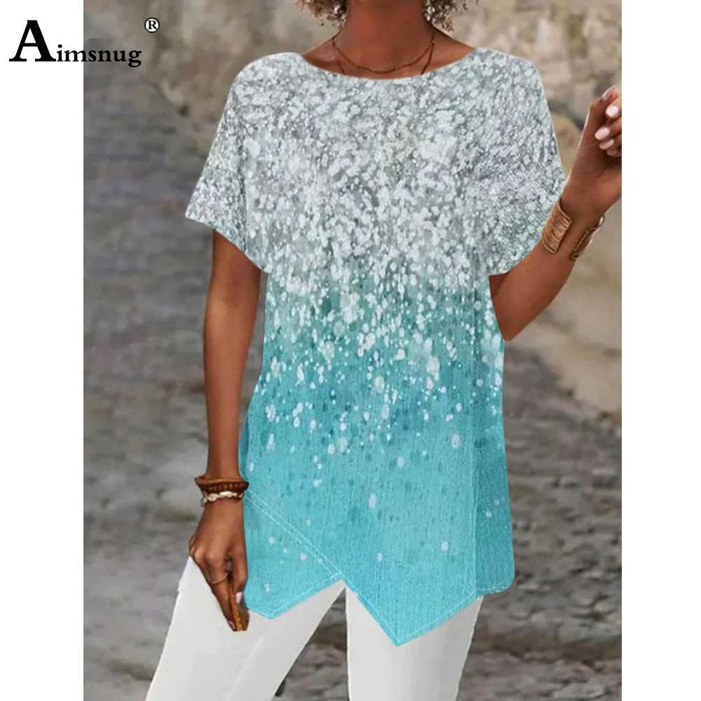 Grand Big 5xl Femmes Décontracté Boho Chemises Modèle 3D Impression T-shirts À Manches Courtes Haut Irrégulier Dames Tunique Chemise Femmes Vêtements 2025