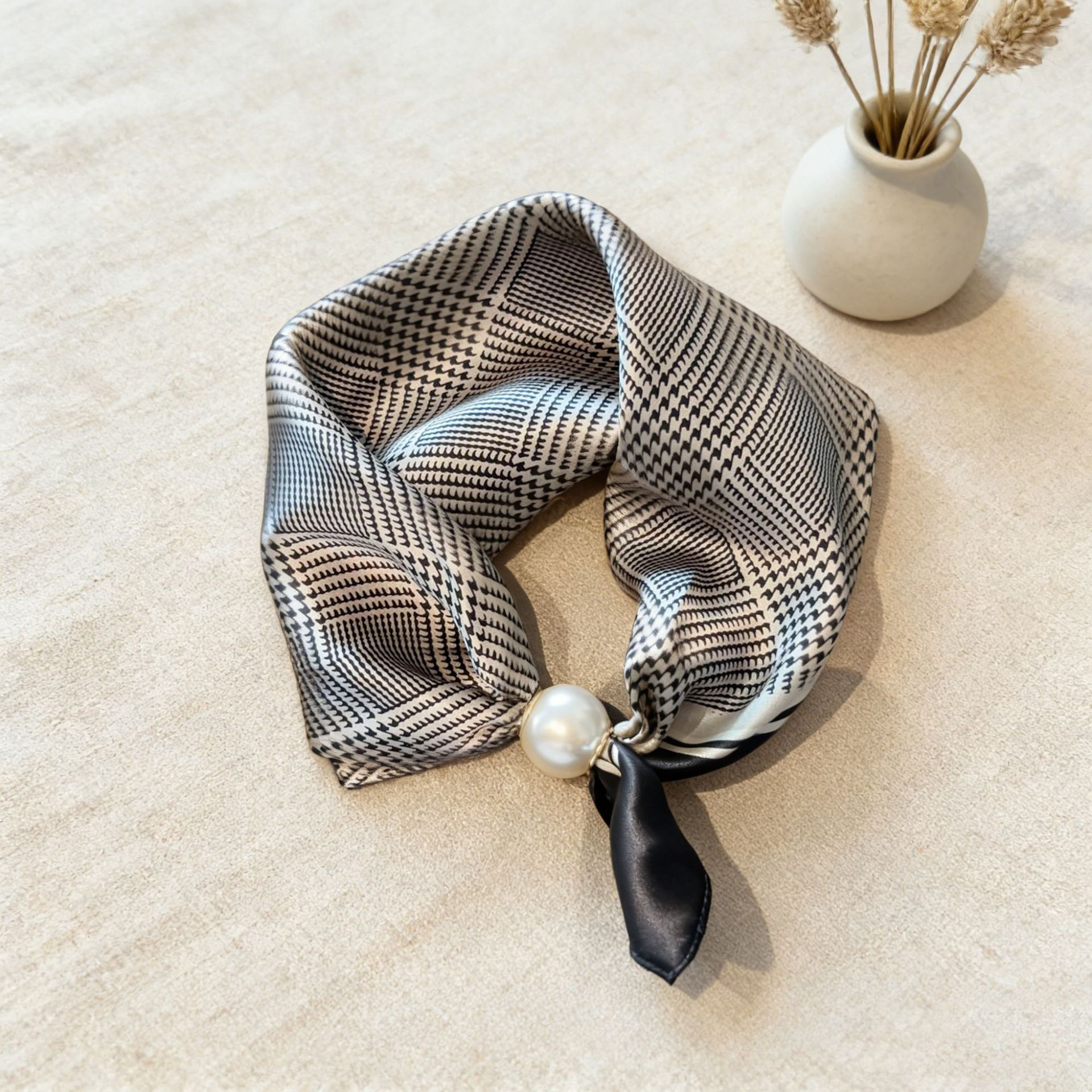 Foulard en soie imprimé, écharpe de cou perlée, collier chaîne paresseuse, boucle magnétique fine pour clavicule, ruban de foulard, accessoires de luxe pour femme