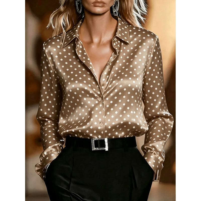 Chemise en satin à pois noirs et blancs pour femmes - Col à revers, col en V, manches longues, boutonnée