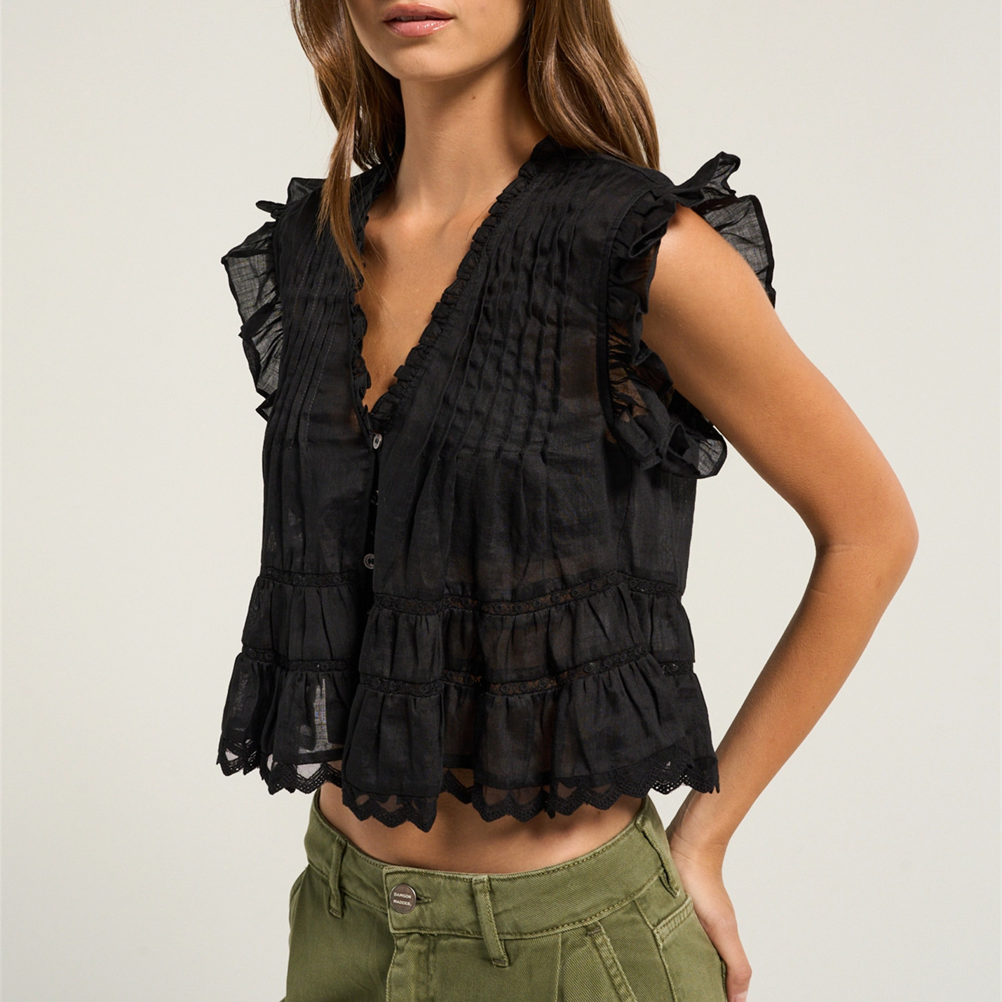 Chemisier Femme à Col V et Manches Volantées avec Dentelle, Boutons sur le Devant, Top Court Transparent Brodé à Motifs, Chemise Décontractée d'Été Style Streetwear