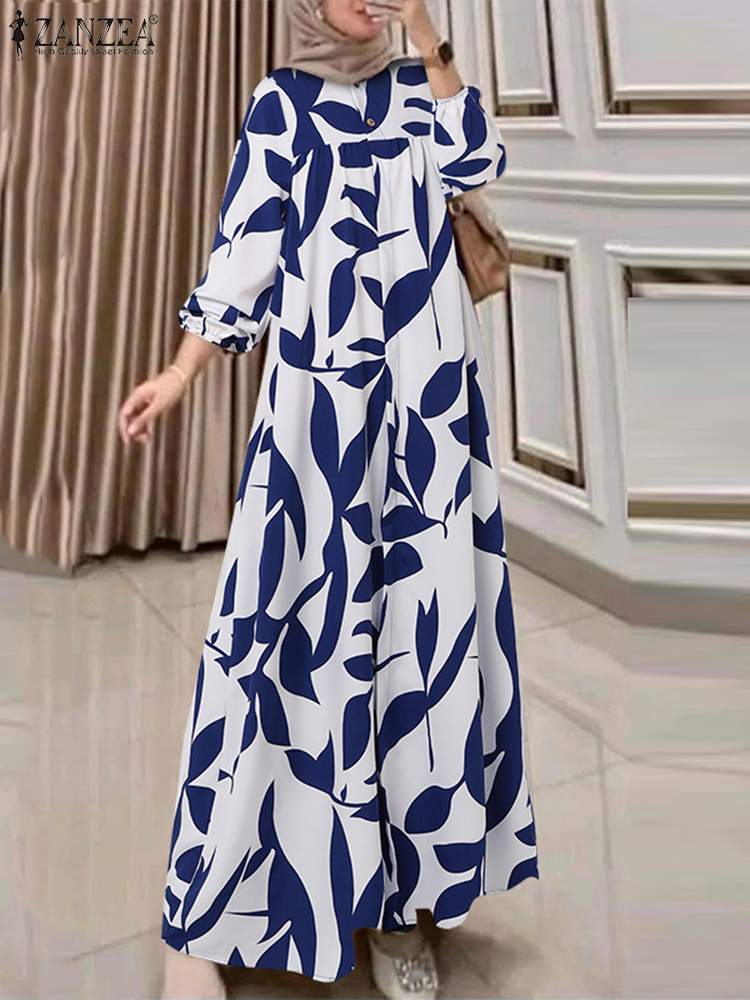 ZANZEA-Robe Maxi à Manches sulfpour Femme Musulmane, Vêtement Éducatif Islamique, Abaya Bohème, Imprimé Floral, Mode Automne 2024