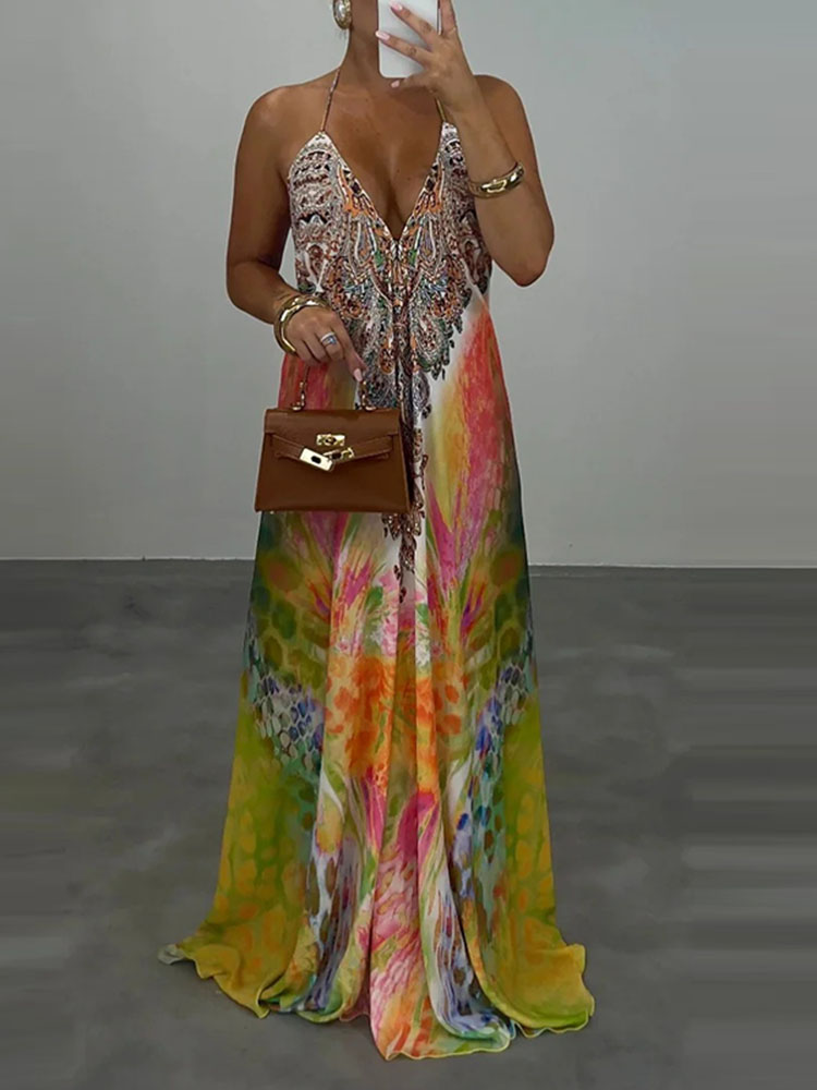 Robe de soirée décontractée, taille haute, Sexy, col en v, dos nu, sans manches, Robes de vacances, élégante, imprimée bohème, ample, pour femmes