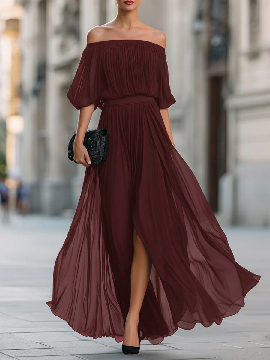 Robe longue élégante pour femme, en mousseline, épaules dénudées, sexy, froncée, avec fente, jupe fluide, pour soirée et fête