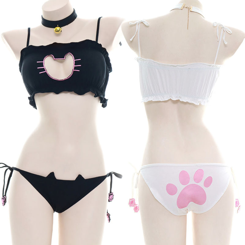 Maillot de bain patte de chat mignon pour filles, costume de plage, mini jolis chats, cloche, uniforme de cosplay, soutien-gorge creux