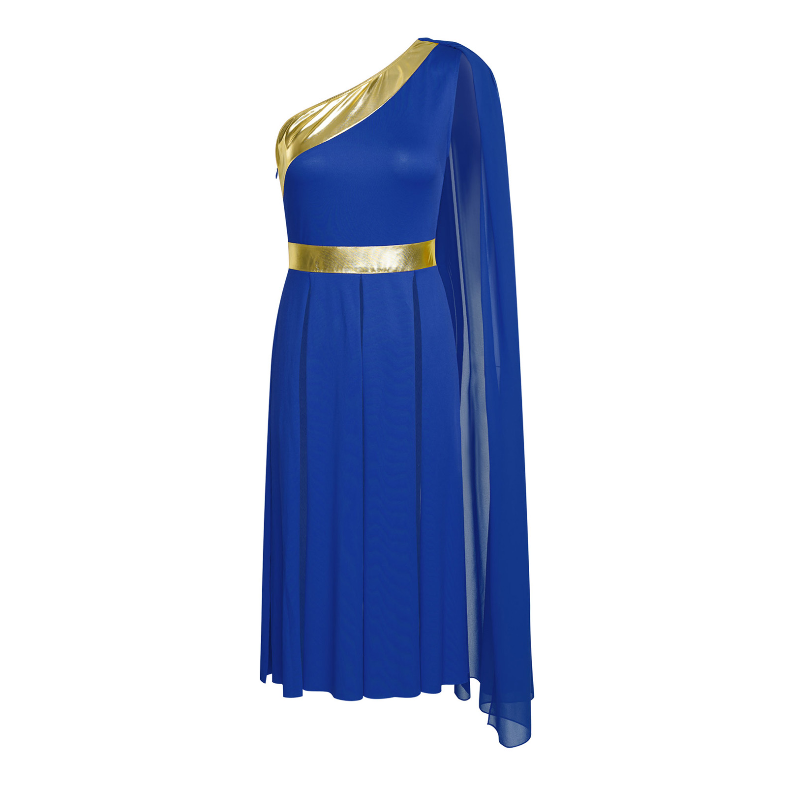 Robe de danse lyrique pour femmes, asymétrique à une épaule, sans manches, avec drapé, ourlet fendu métallique, style tunique, costume de danse pour adultes