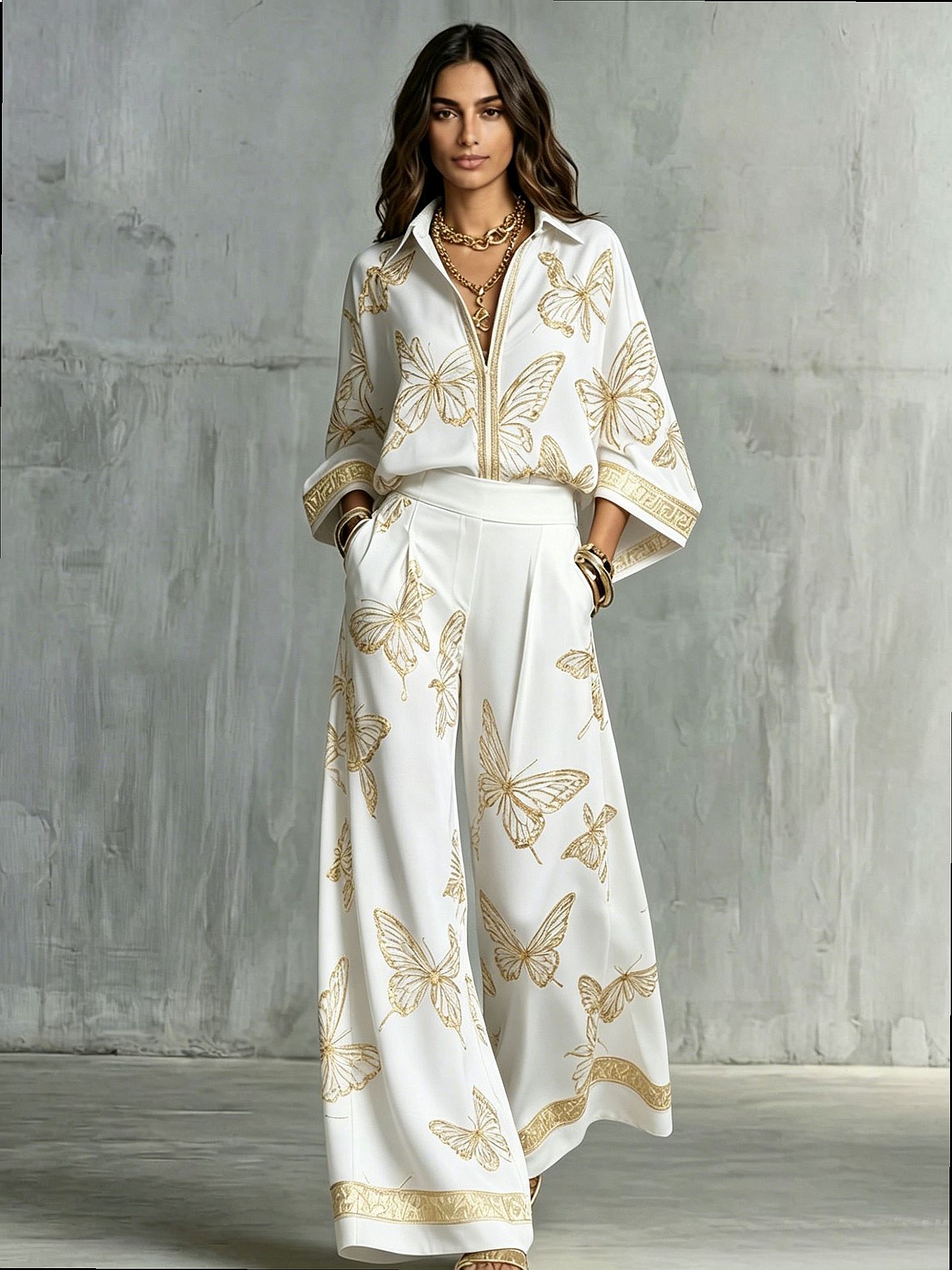 Ensemble chemise et pantalon imprimés surdimensionnés pour femmes, haut à col à revers et manches longues, pantalon à taille haute élastique et jambes larges, ensemble deux pièces pour femmes.