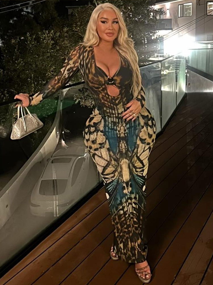 Nibber Papillon Imprimer Robe Femme Anneau En Métal Creux Col Bas Plein Manches Diviseurs Robe Minuit Élégant Sexy Faashion Robes