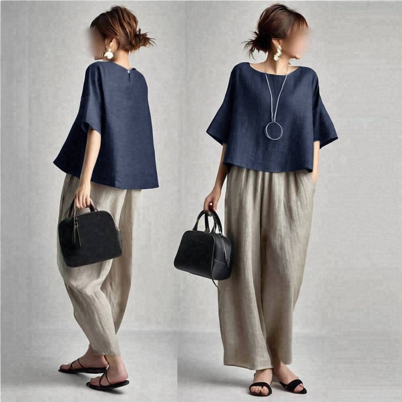Ensemble deux pièces pour femme, haut à manches courtes col rond et pantalon large à taille élastique, coupe décontractée, couleur unie, été 2026