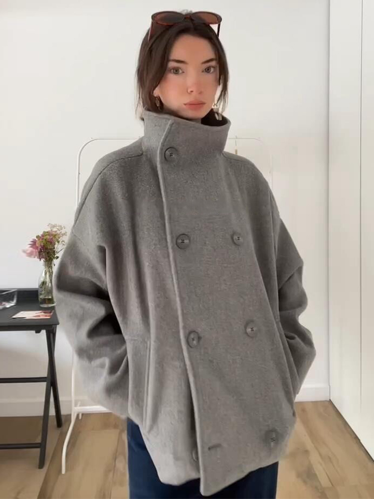 Fourrure laine femmes veste col haut à manches longues simple boutonnage femme manteau 2025 automne hiver rue chaud ample dame outwear