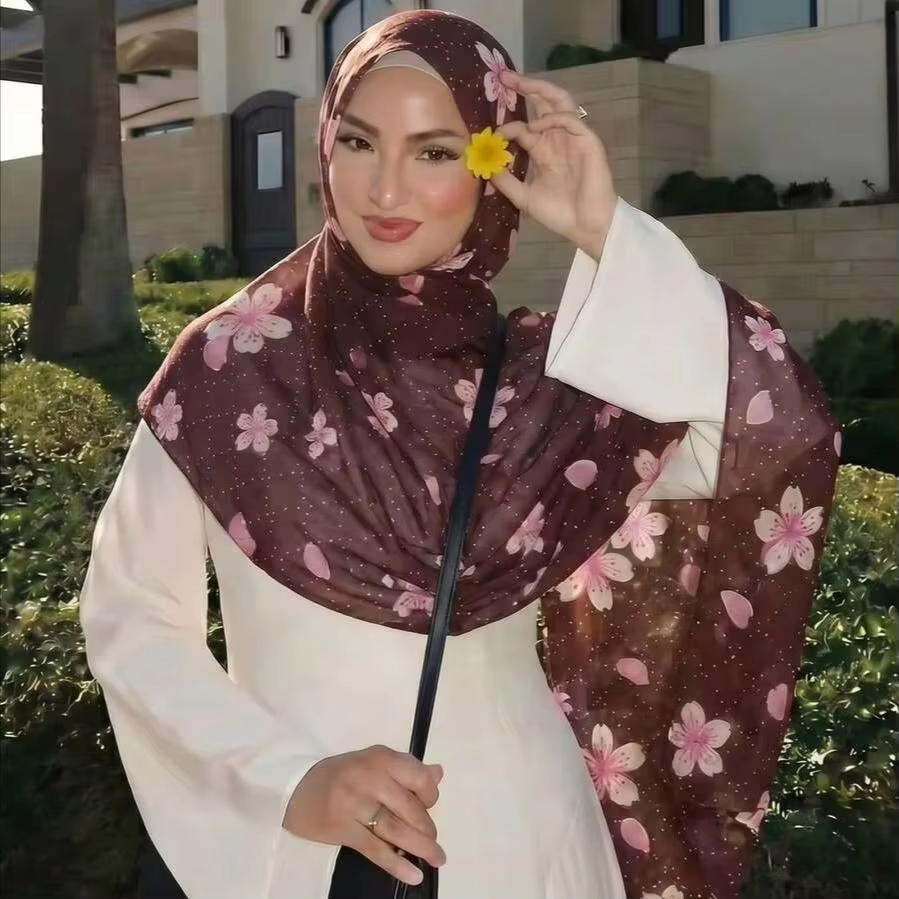 Nouveau Foulard Hijab en Coton Imprimé Tendance pour Femme, Châle Long Effet Aquarelle, Voile de Tête pour Ramadan et Aïd 180*70cm