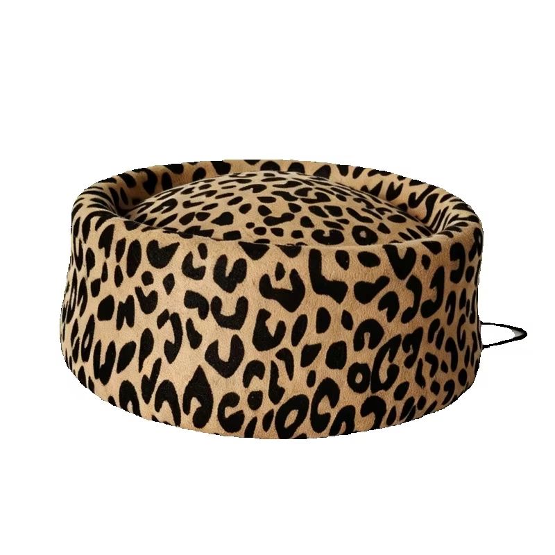 Chapeau d'hôtesse en polyester à imprimé léopard, béret élégant pour femme, mini-chapeau rétro français, chapeau pillbox