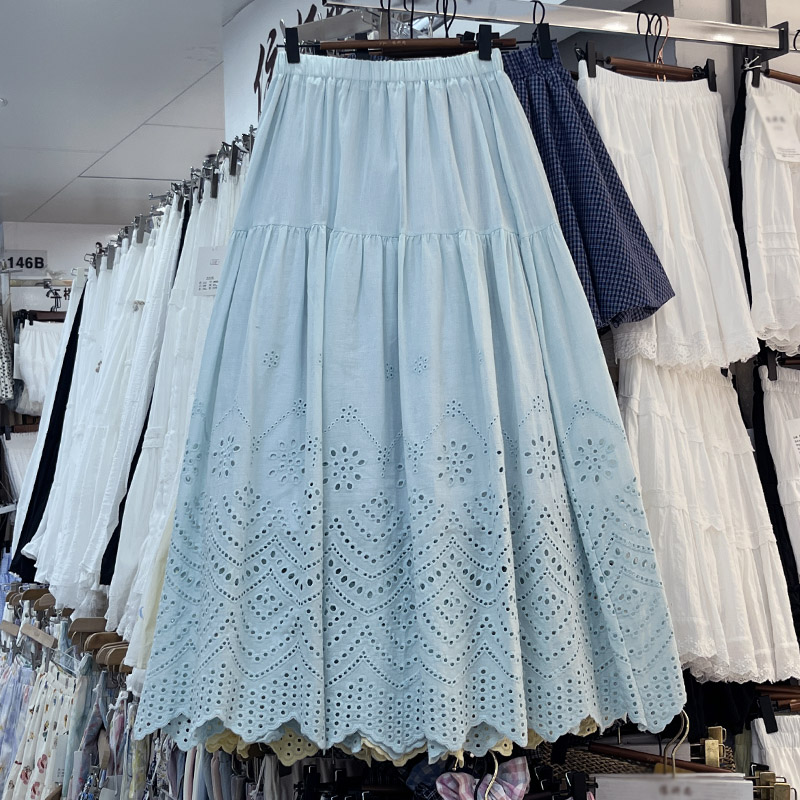 Matakawa dentelle jupes femmes a-ligne solide printemps été élégant évider jupe longue mode coréenne taille haute Faldas Mujer