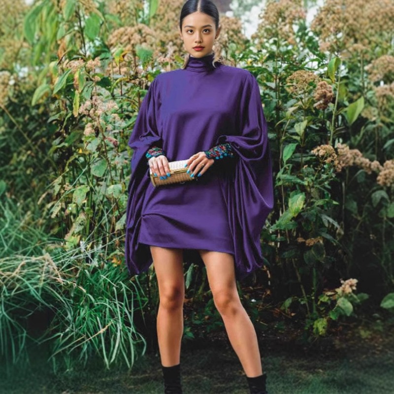 Robe en satin à col haut et manches chauve-souris pour femmes, robe courte de soirée unie et ample pour le printemps et l'été.