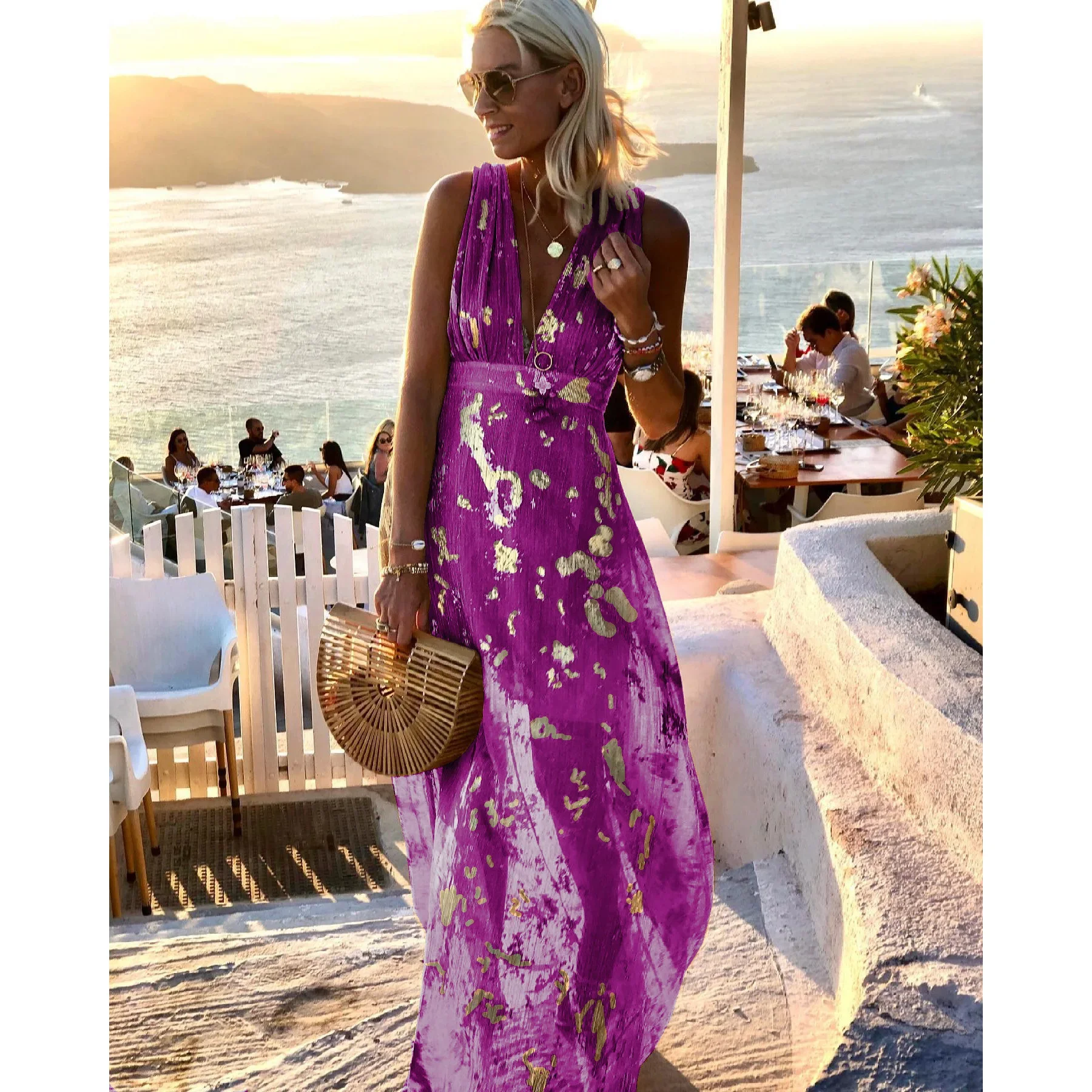 Robe sexy à col en V pour femmes, taille S-XL, estampage à chaud, pour printemps et été européens et américains, fête de vacances décontractée, nouvelle collection