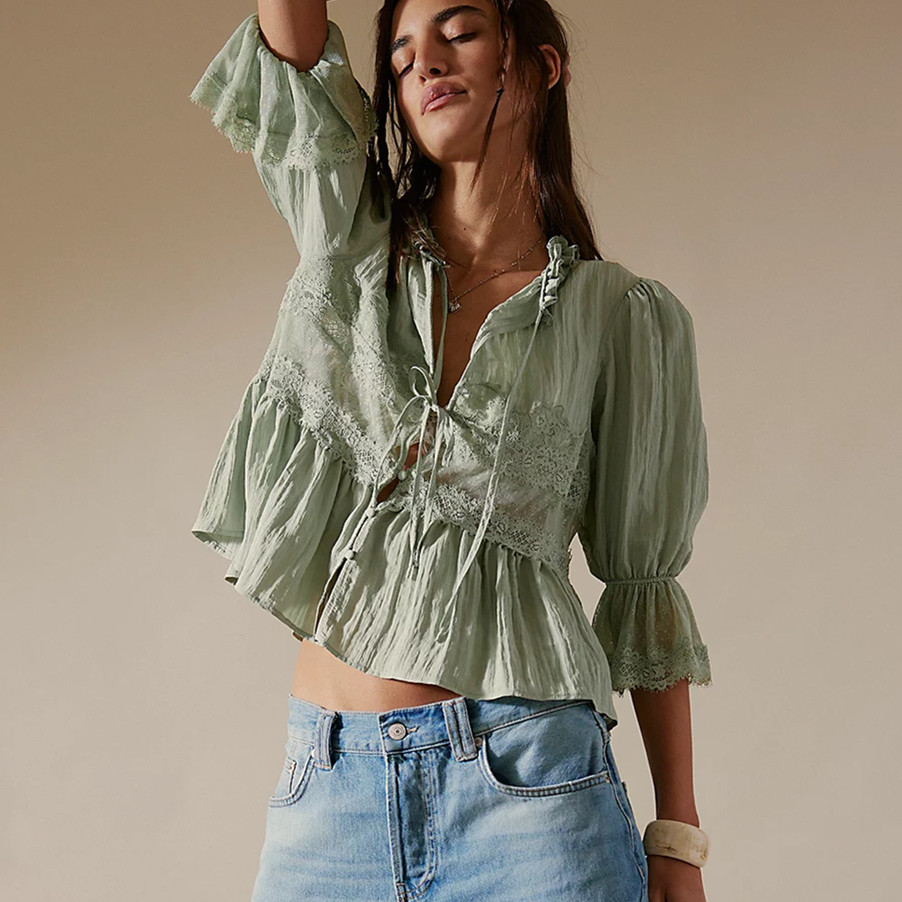 Chemise ample à manches mi-longues pour femmes, dentelle transparente, Patchwork, nœud à nouer, hauts péplum pour l'été, chemisiers paysan à œillets brodés