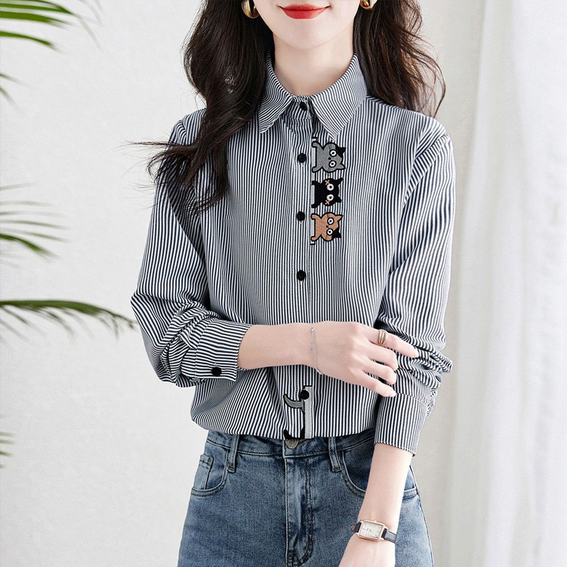 Chemise à manches longues rayée pour femme, cardigan en coton, bouton décontracté, rue haute, élégant, brodé, printemps, automne, mode, nouveau