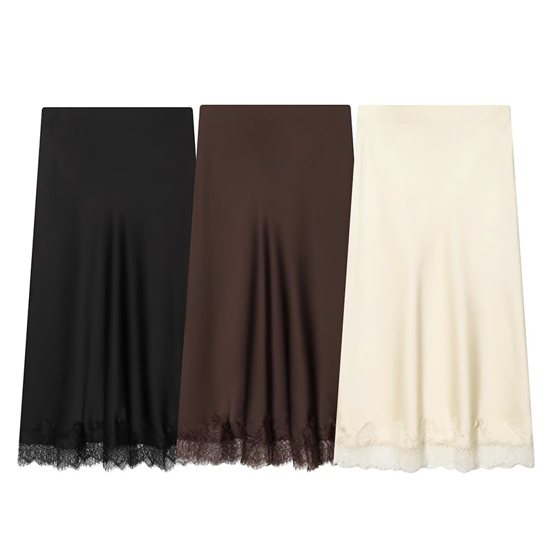 Jupes pour femmes mode dentelle décoration Satin jupe Midi Vintage femmes taille haute jupes longues